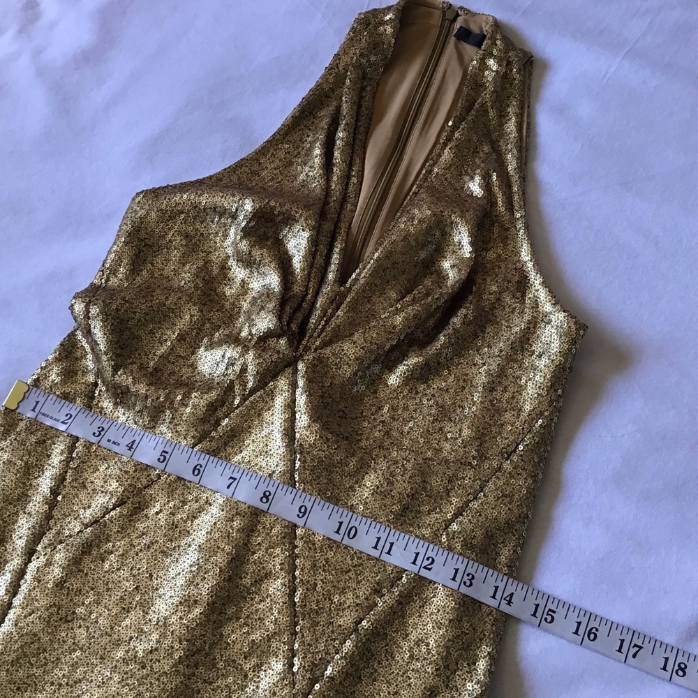 New without tags Donna Karan gold sequin deep v neck Belted Sequined Dress gown - Picture 12 of 14